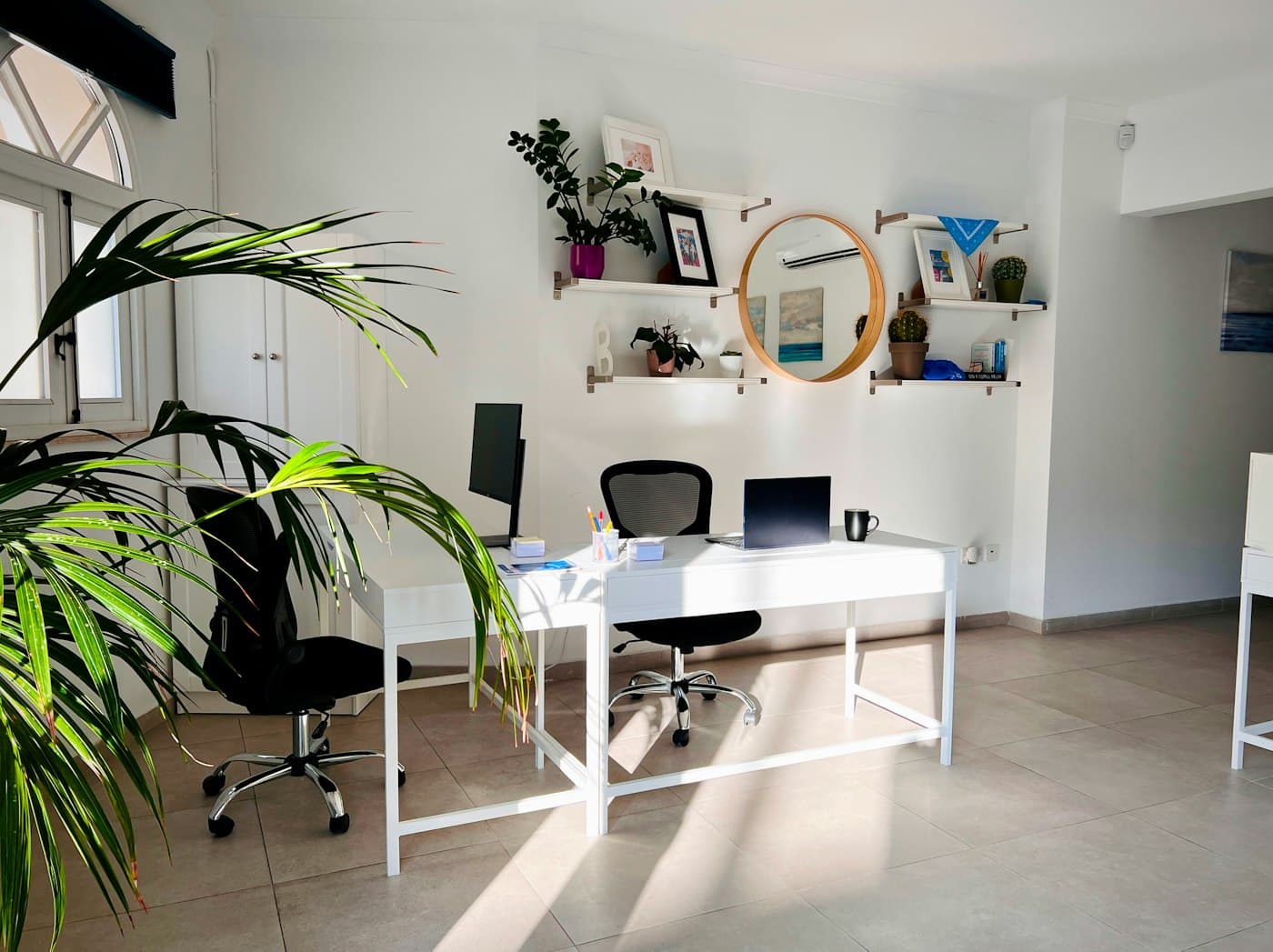 Bright office with desks and plants